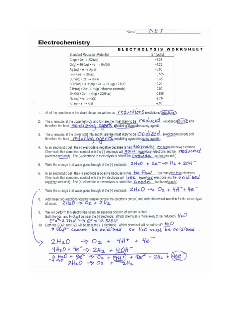 Answer Key Electrolytic Cell Worksheet PDF