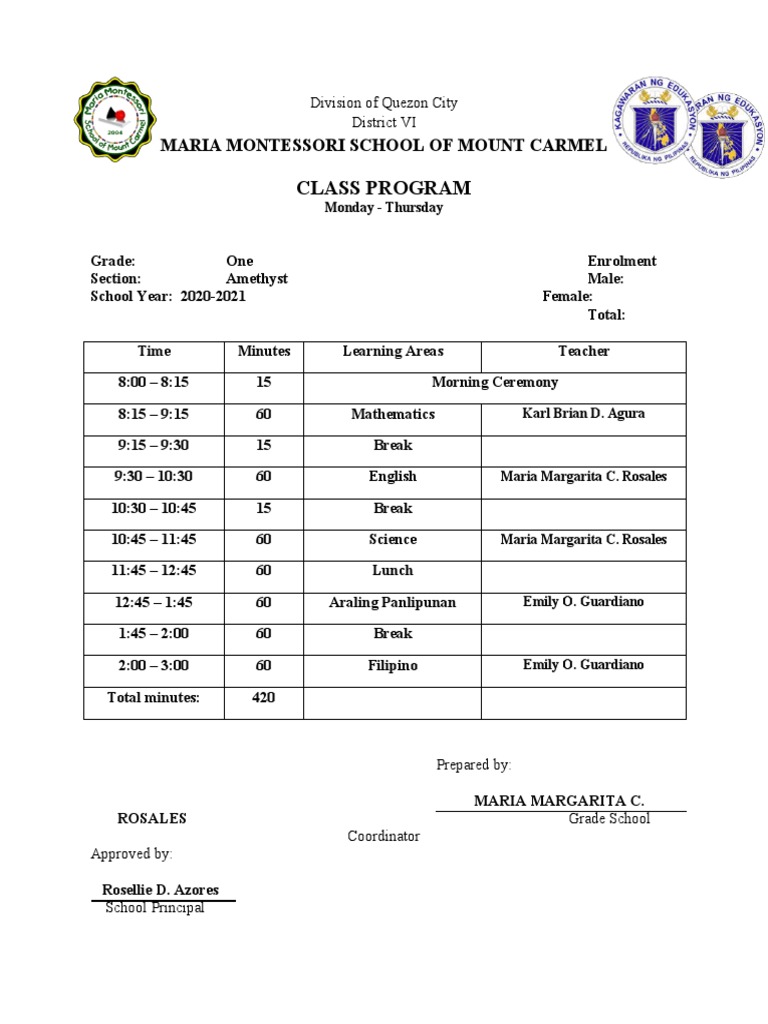 Quezon City Montessori Class Schedule | PDF