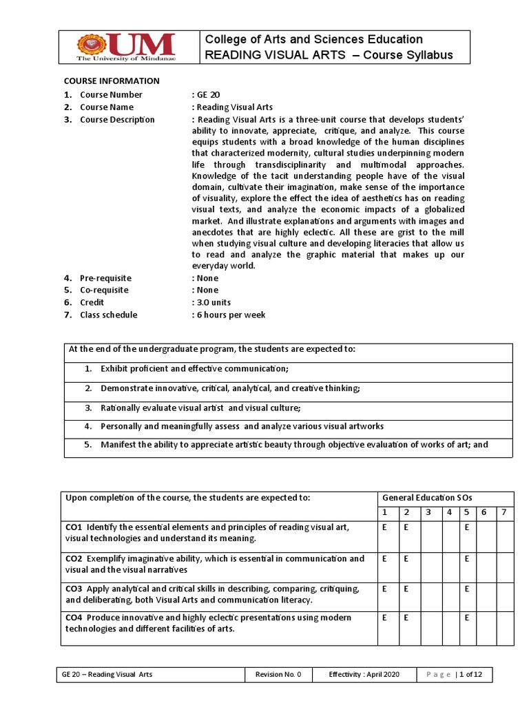 Ge 20 Reading Visual Arts Syllabus Pdf Narrative Test Assessment
