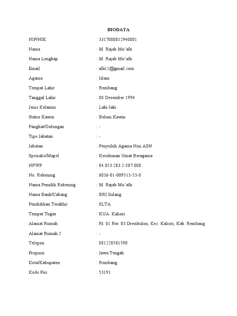 Biodata M. Rajab Mu'afa | PDF