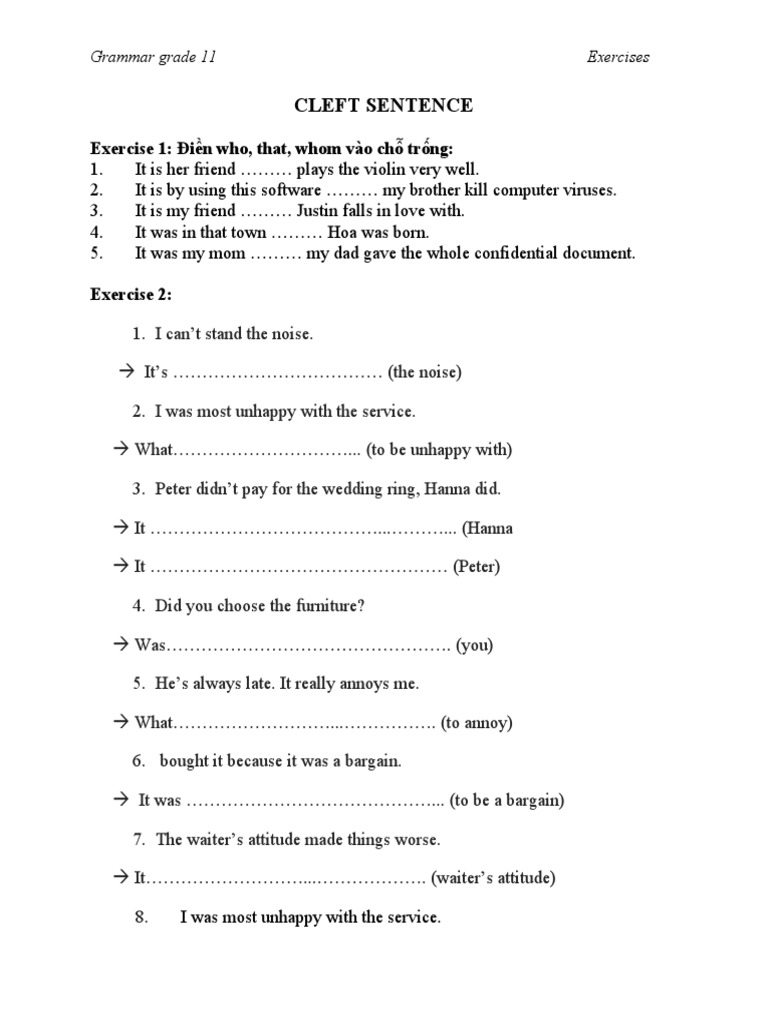 Cleft Sentences Exercises for Grade 11 | PDF