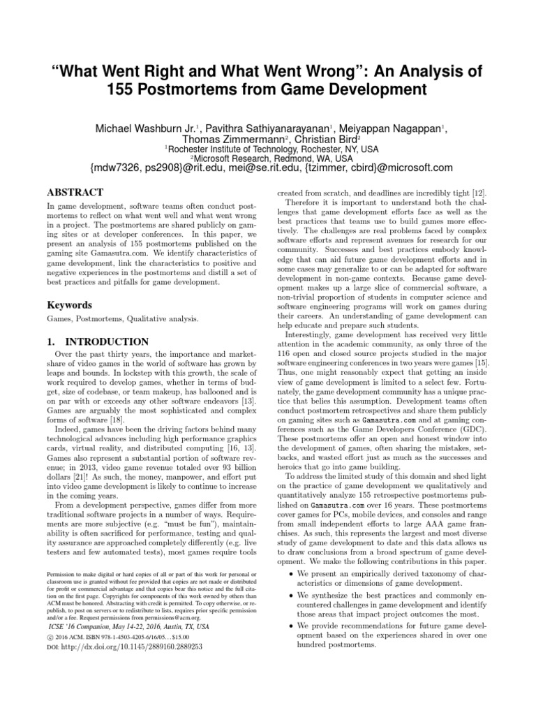 GameDev Postmortem Analysis PDF Software Testing Software Release