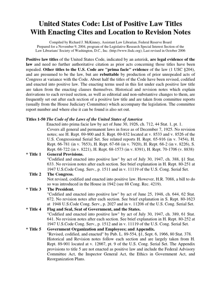 USC Positive Law Titles United States Code Law Of The United States