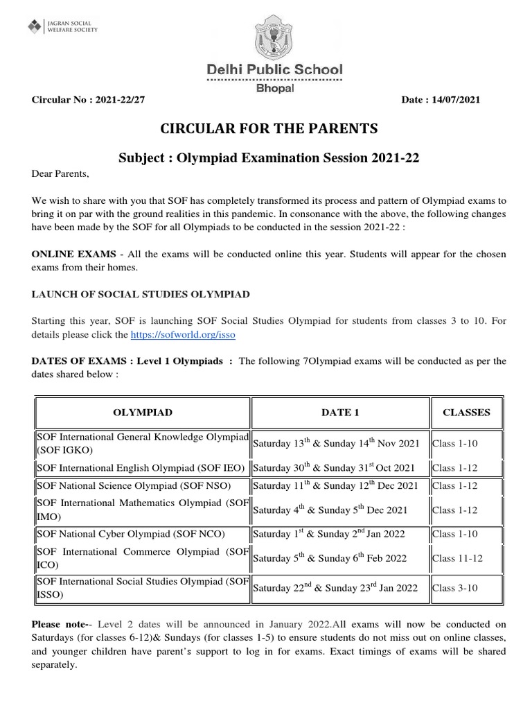 SOF Olympiad 2021-22 Parent Circular | PDF | Service Industries