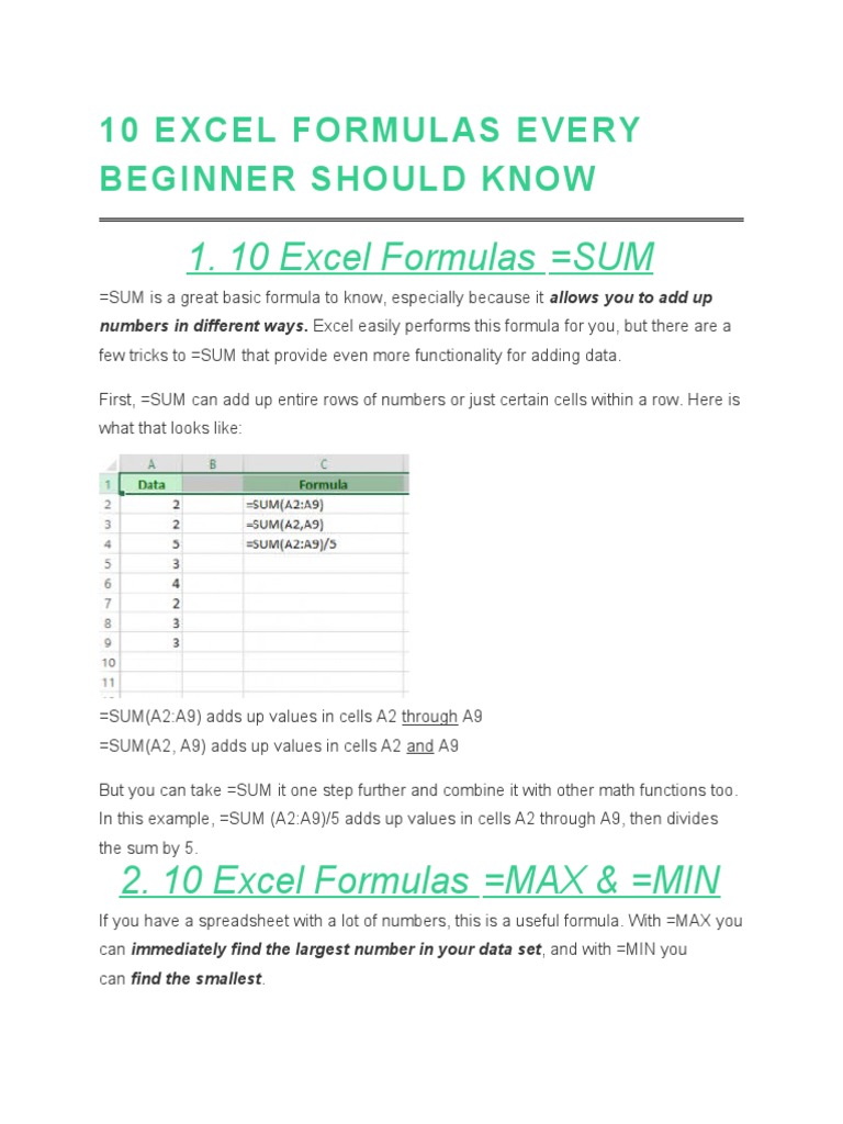 10 Essential Excel Formulas for Beginners | PDF | Microsoft Excel ...