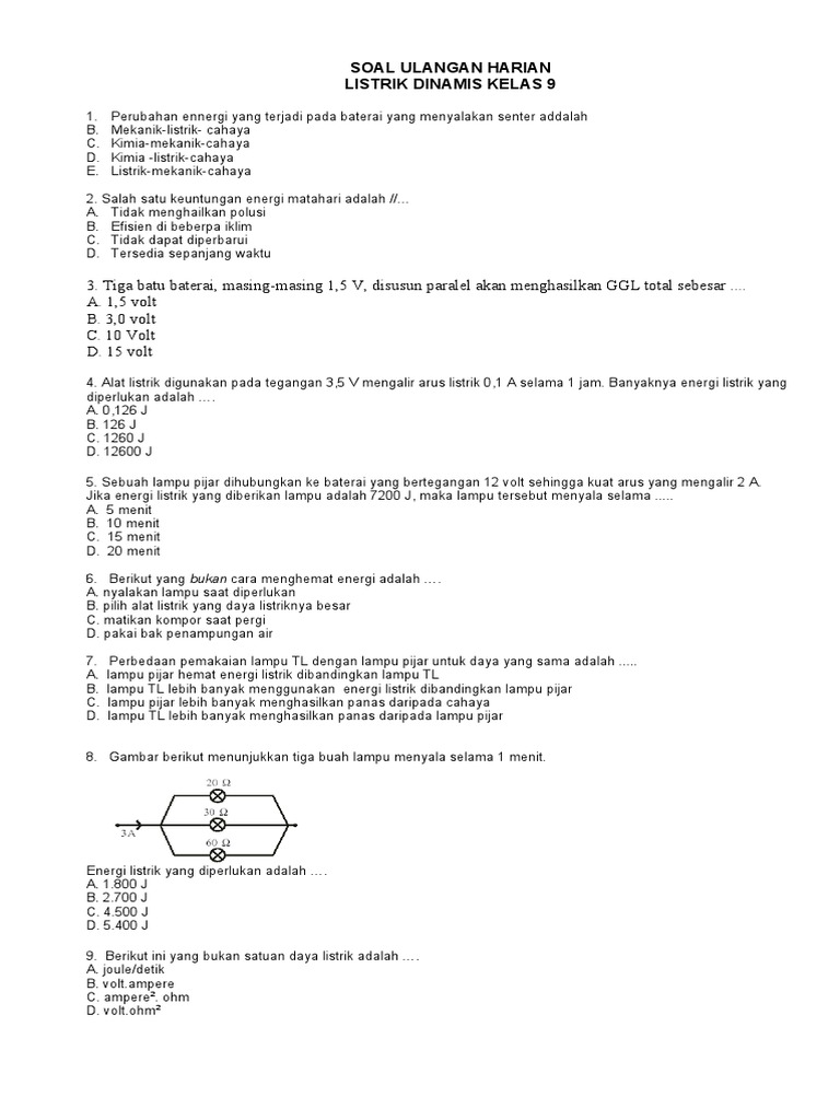 Soal Ulangan Listrik Dinamis Kelas 9 | PDF | Metode & Bahan Ajar ...