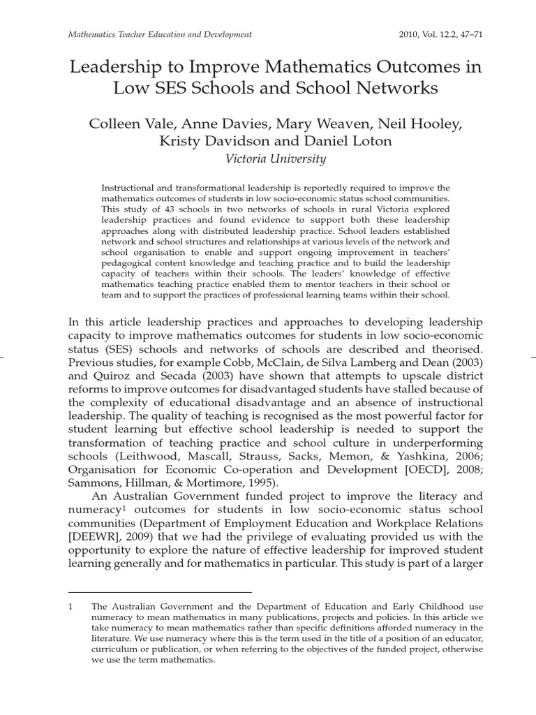 Improving Math Outcomes in Low SES Schools | PDF | Teachers | Leadership