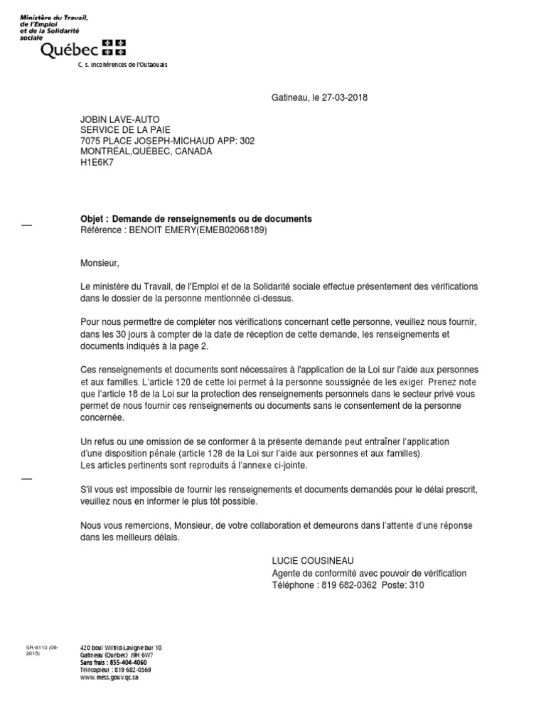 Objet: Demande De Renseignements Ou De Documents: C. S. Incohérences De L' Outaouais | Pdf | Fax