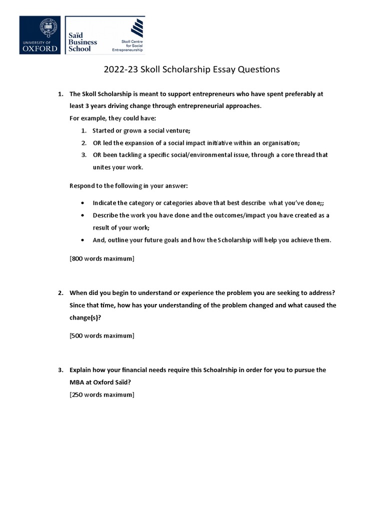 2022-23 Skoll Scholarship Essay Questions | PDF