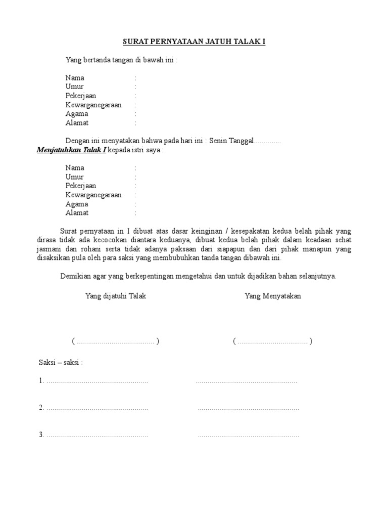 Contoh Surat Pernyataan Jatuh Talak Pdf