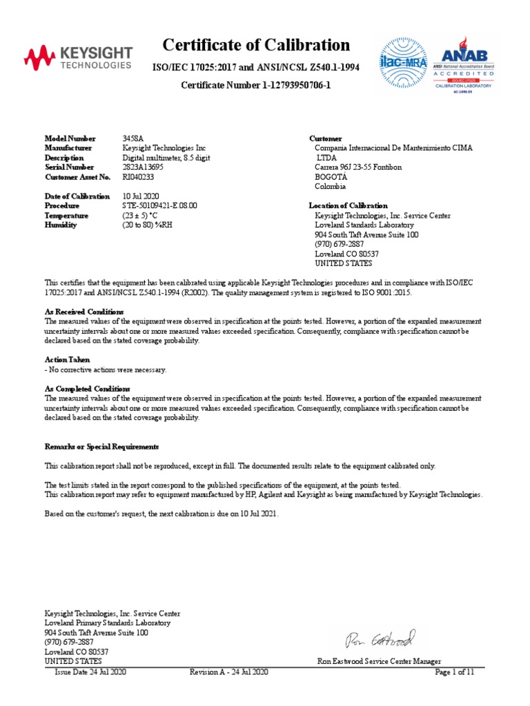 Certificate of Calibration ISO/IEC 170252017 and ANSI/NCSL Z540.1