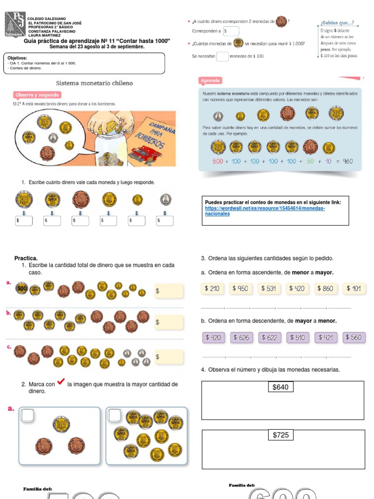 Guía de Aprendizaje Nº 11 Matemática 2º Básico Números Hasta 1000 | PDF