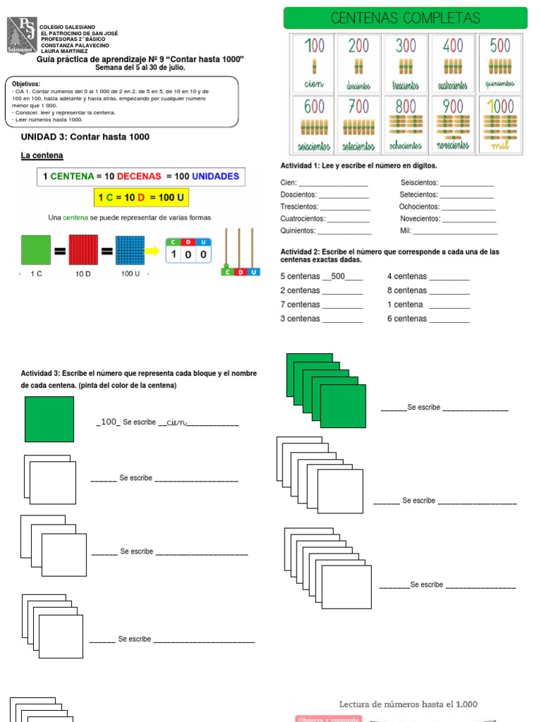 Guía de Aprendizaje Nº 9 Matemática 2º Básico Numeros Hasta 1000 - La ...