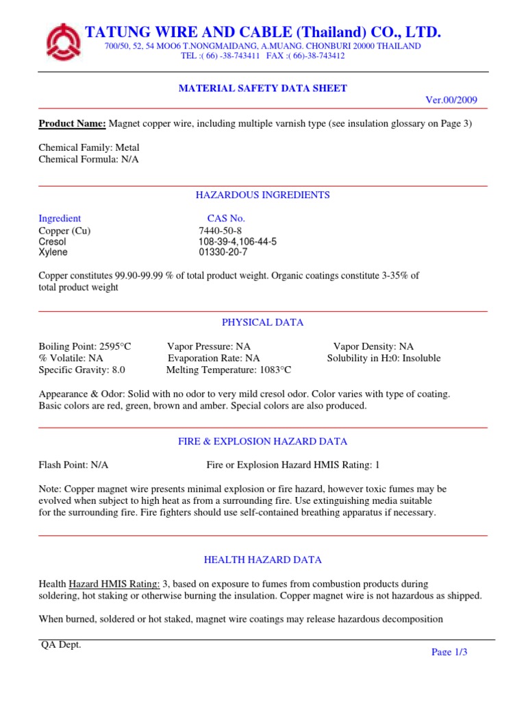 MSDS Copper Wire PDF Chemical Substances Materials