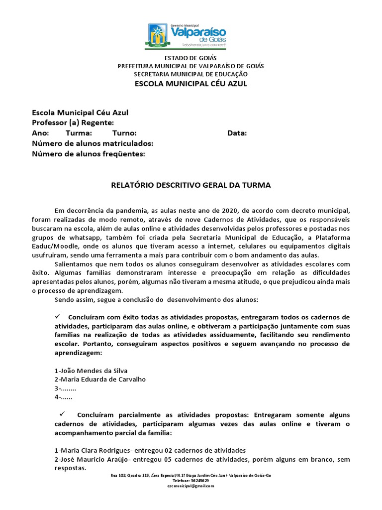 Relatório Descritivo Geral Da Turma | PDF