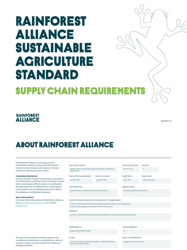 Rainforest Alliance 2020 Sustainable Agriculture Standard Supply Chain