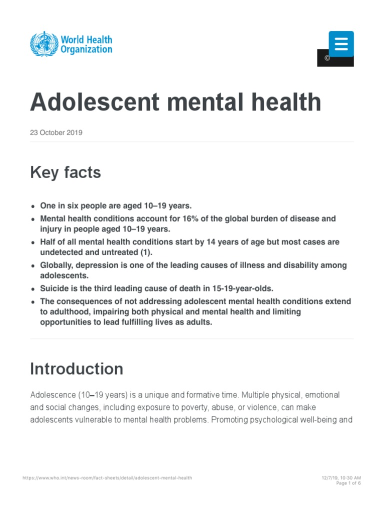 Adolescent Mental Health: Key Facts | PDF | Mental Health | Adolescence