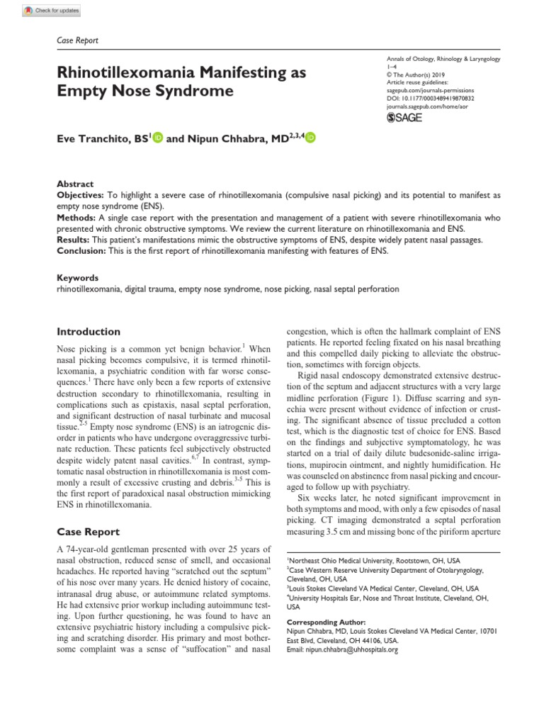 Rhinotillexomania Manifesting As Empty Nose Syndrome-Annals of Otology ...