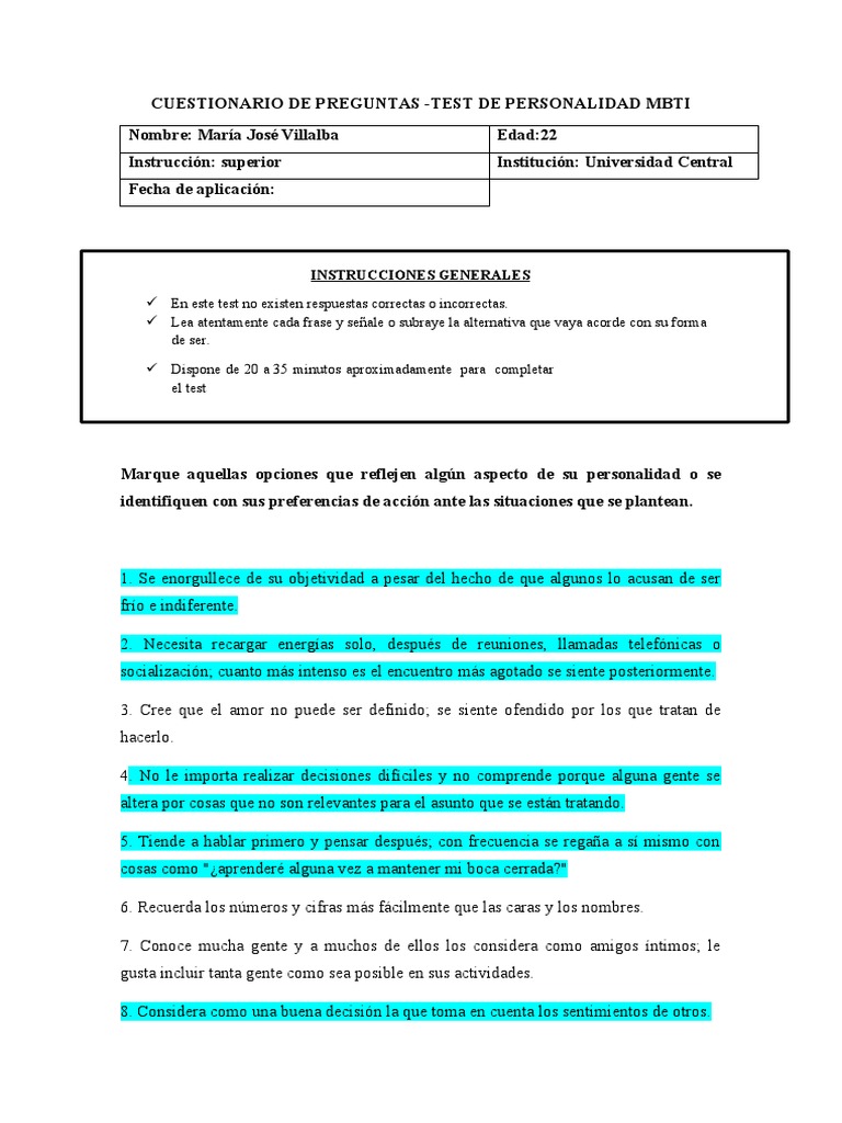 Cuestionario Test de Personalidad MBTI | PDF | Psicoanálisis | Cognición