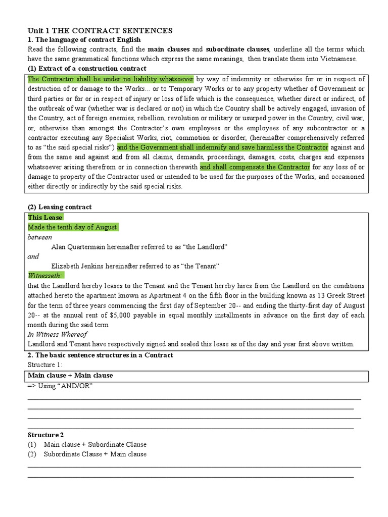 Unit 1 The Contract Sentences: Between and | PDF | Indemnity | Law And ...