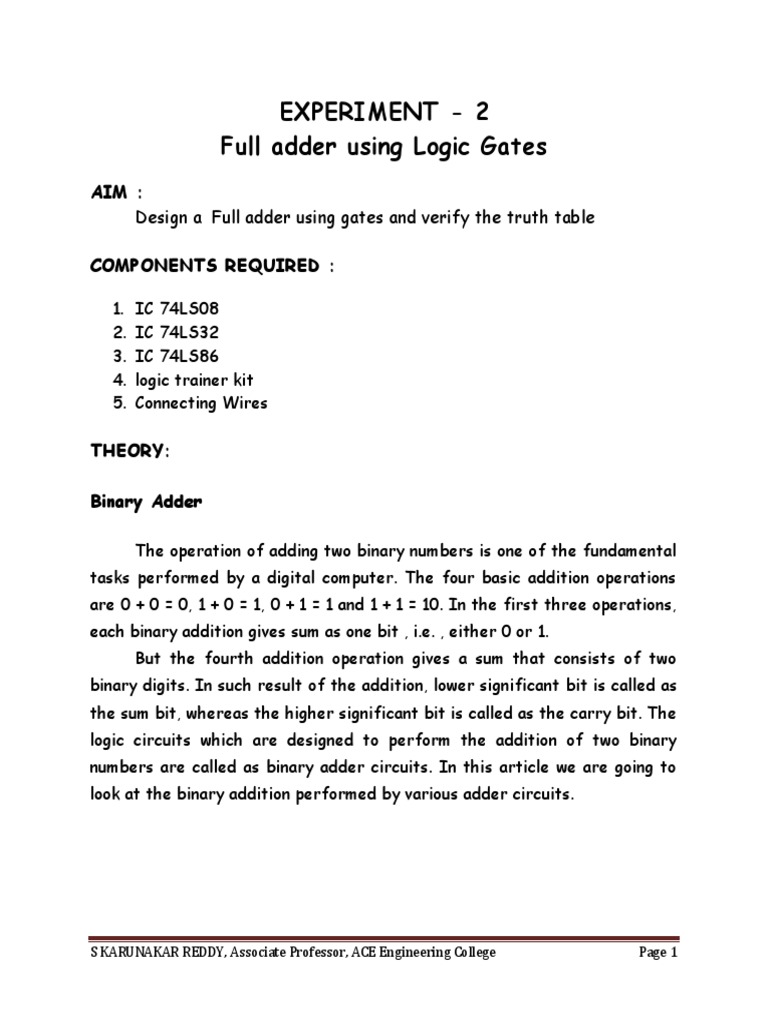 Full Adder Design Using Logic Gates | PDF | Computer Science | Digital ...