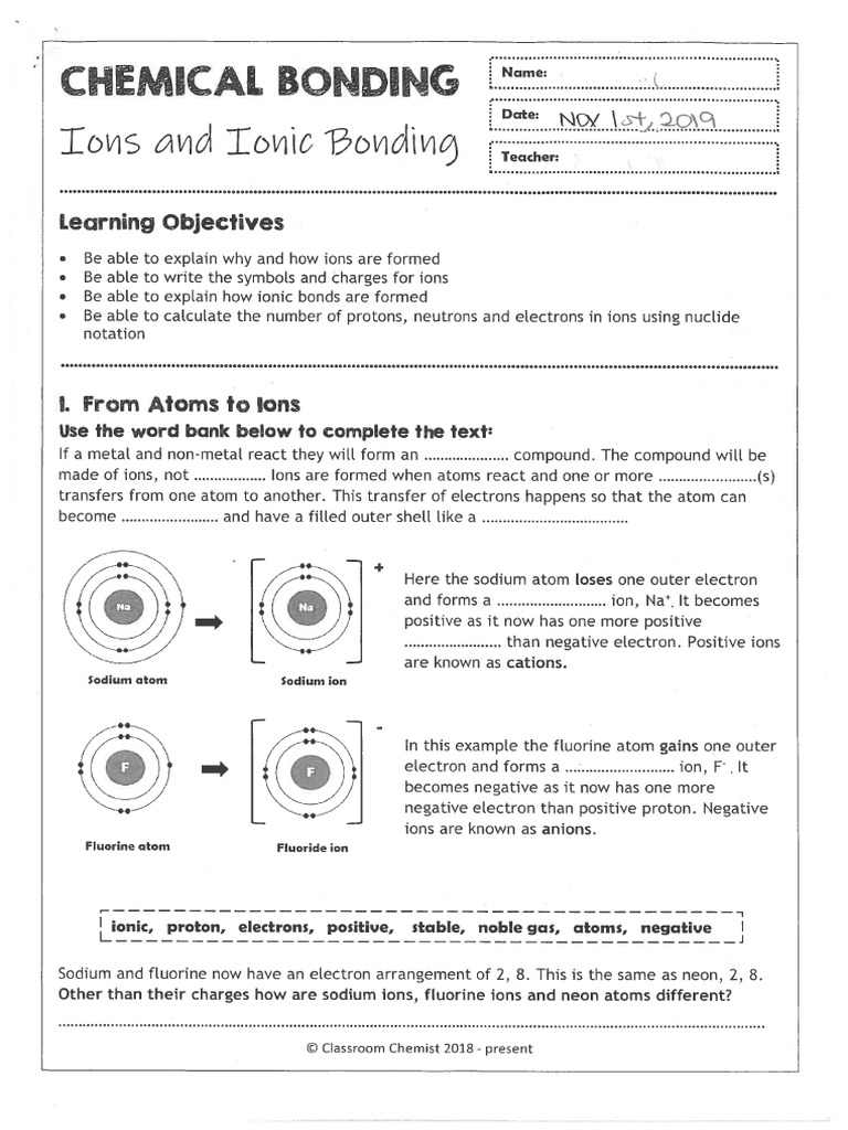 Ionic Bonding Worksheets PDF