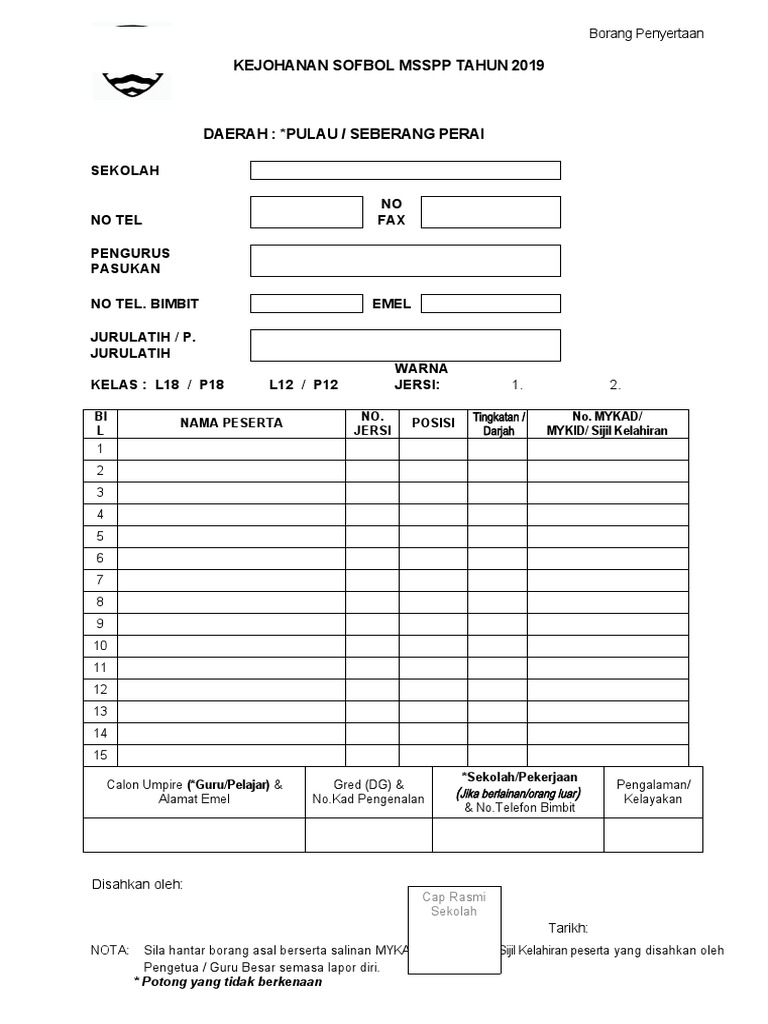Borang Penyertaan Sofbol Msspp 2019 Pdf