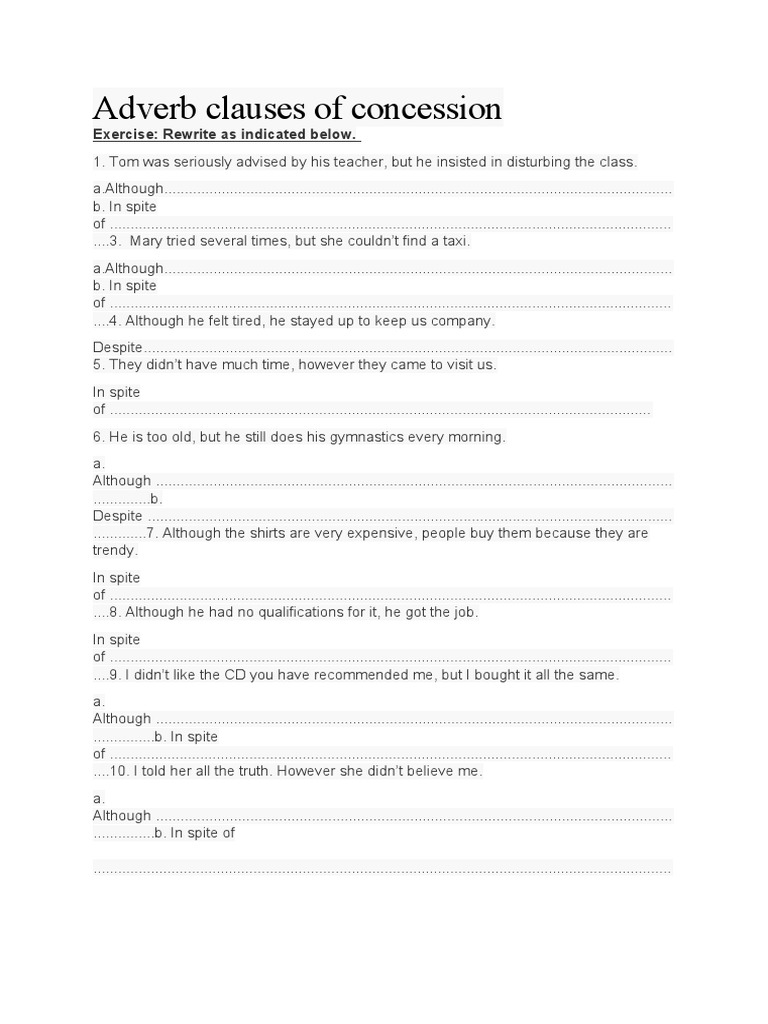 Adverb Clauses of Concession Exercises | PDF
