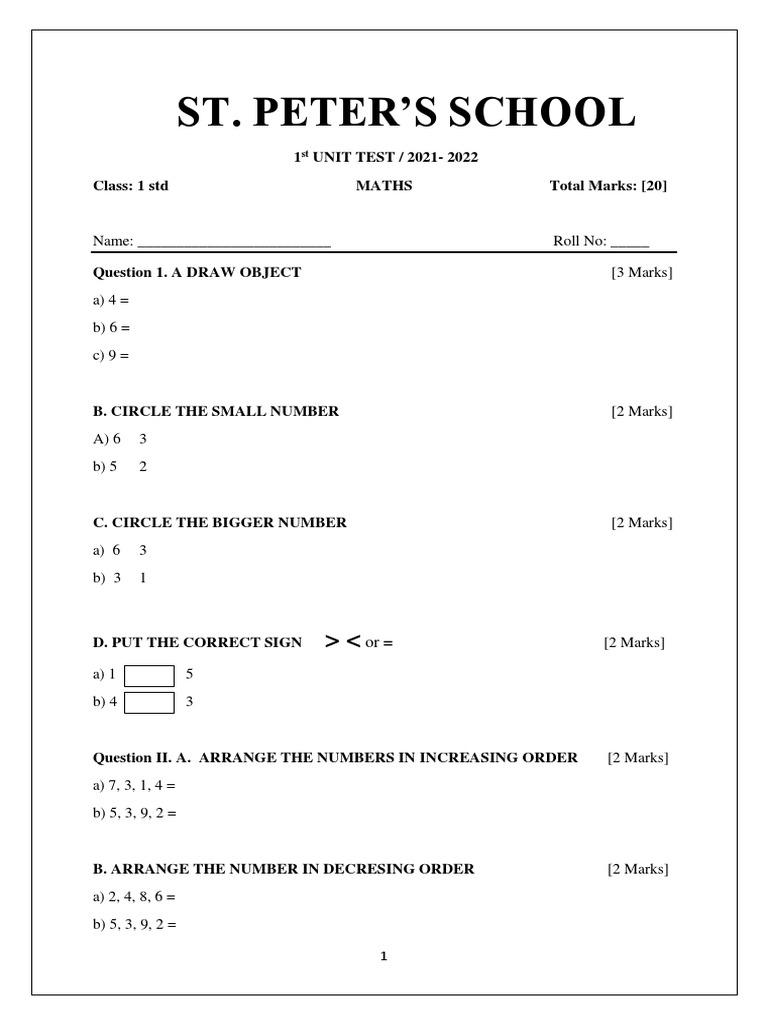 Grade 1 Maths Unit Test Paper | PDF