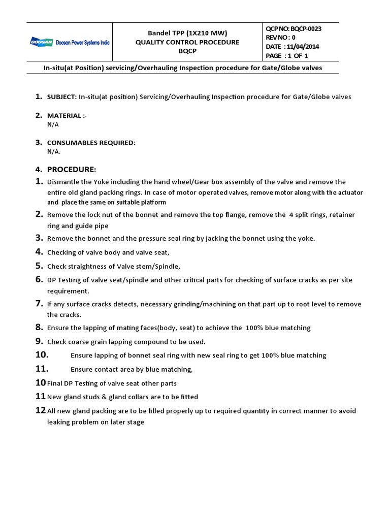 BQCP 23 Valves (Gate, Globe) Overhauling Procedure PDF