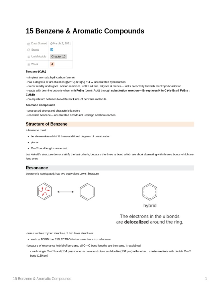Benzene and Aromatic Compounds Overview | PDF | Aromaticity | Molecular ...