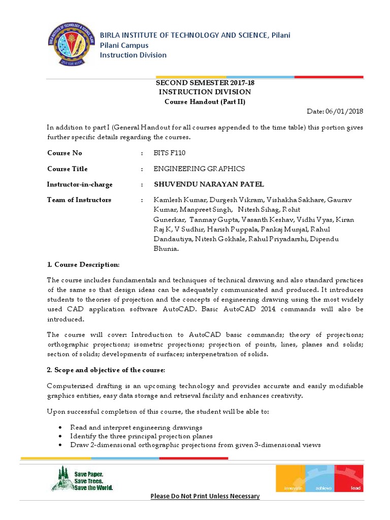 BITS F110 Engineering Graphics Course Guide | PDF | Auto Cad ...
