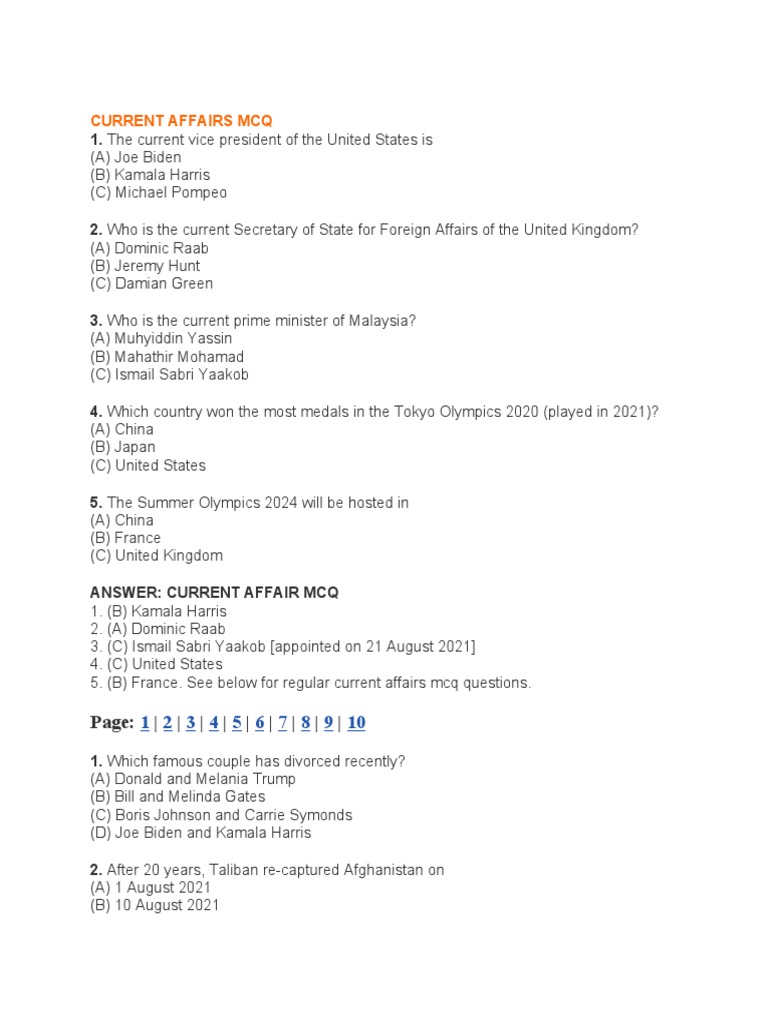 Current Affairs MCQ | PDF