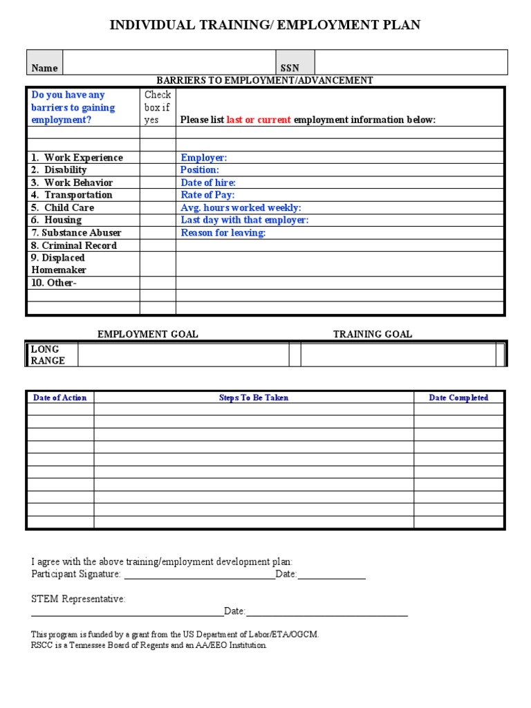 Individual Training/ Employment Plan: Do You Have Any Barriers To ...