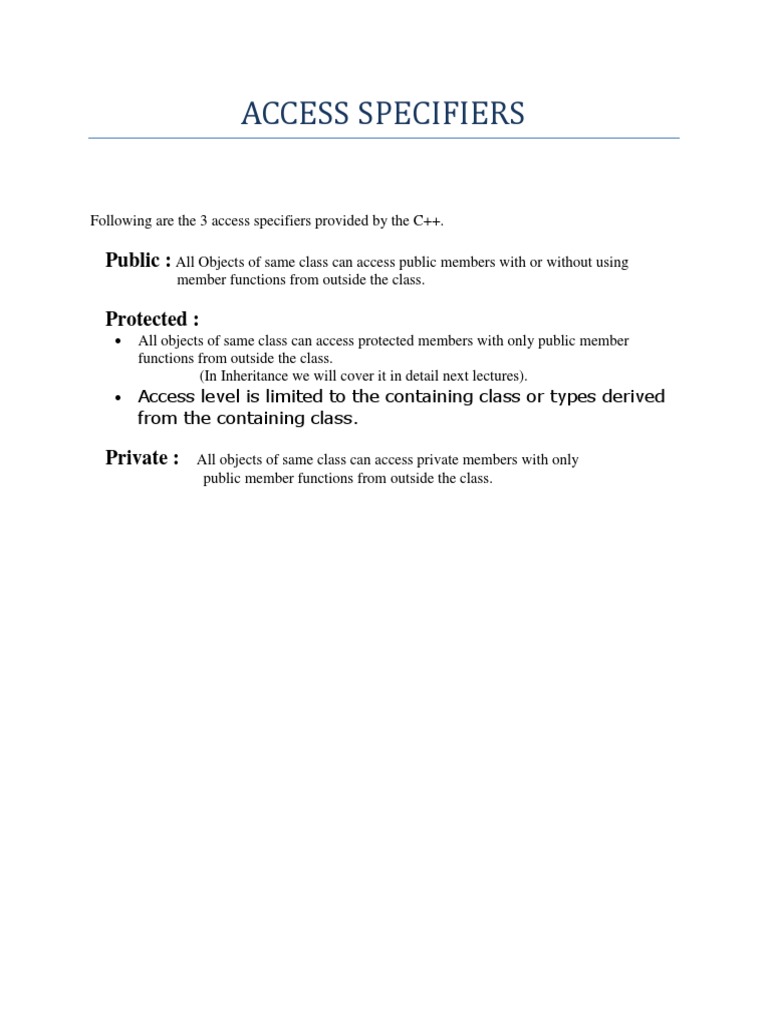 Access Specifiers | PDF | C++ | Method (Computer Programming)