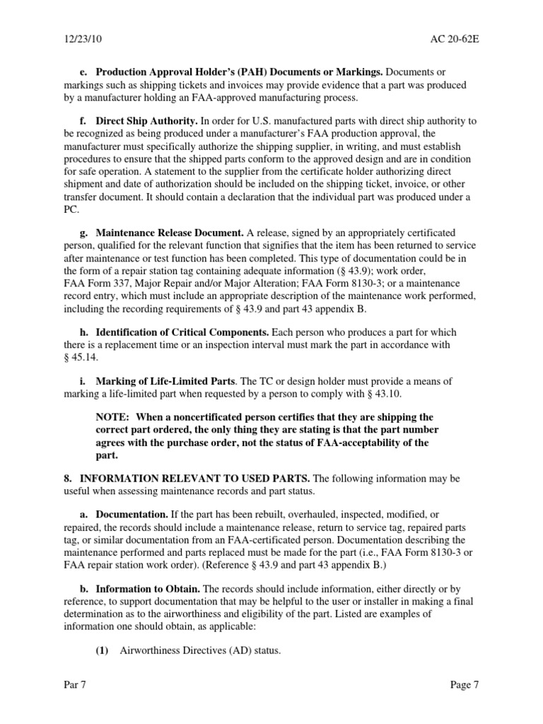 FAA AC 20-62E: Replacement Parts Guidelines | PDF | Transport | Aviation
