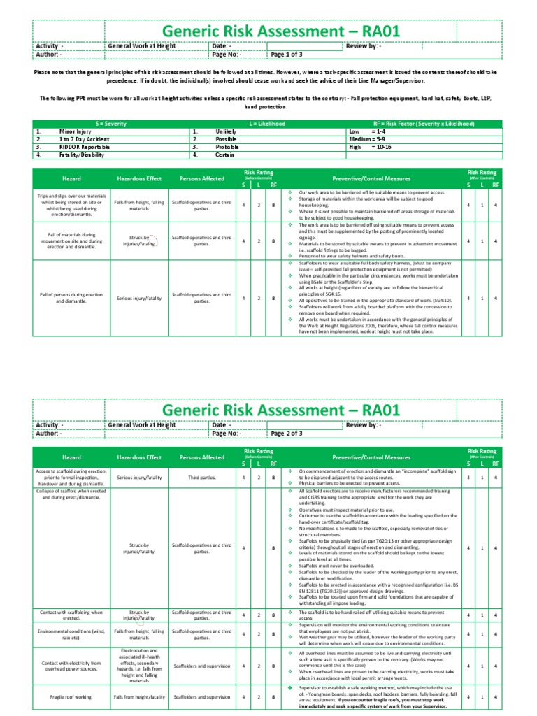 Work at Height Risk Assessment RA01 | PDF | Scaffolding | Risk