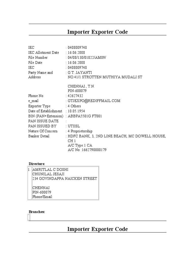 Importer Exporter Code: Directors | PDF