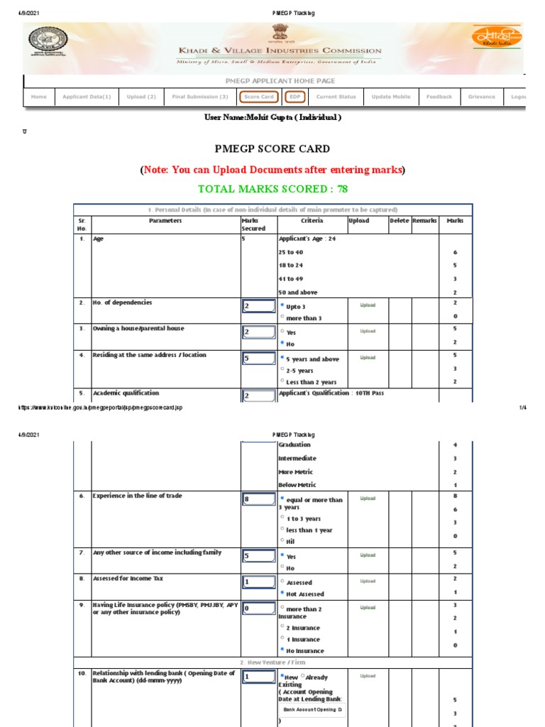 Mohit Gupta's PMEGP Application Score Card | PDF | Banks | Economies