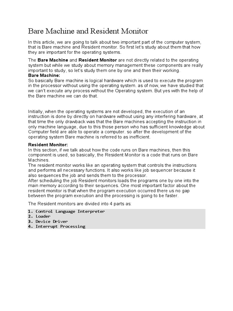 An Overview of Bare Machines and Resident Monitors Key Components that