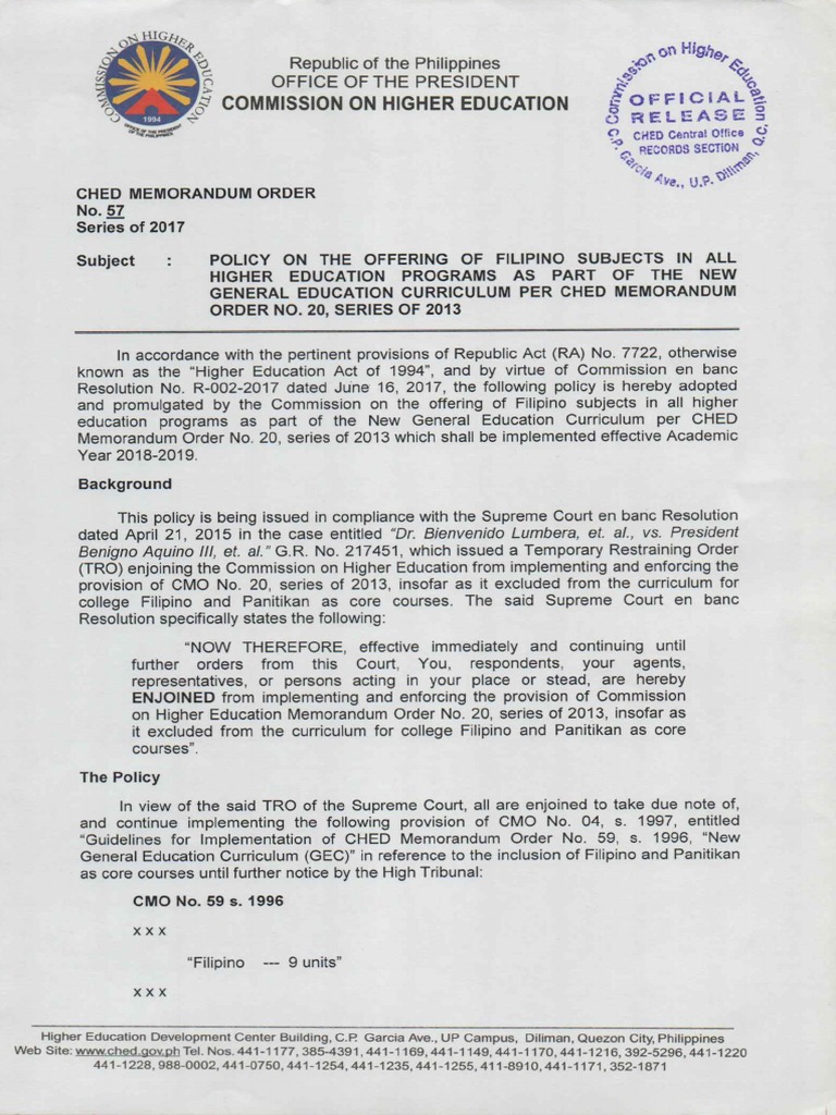 CMO No. 57 S. 2017 Policy On The Offering of Filipino Subjects in All