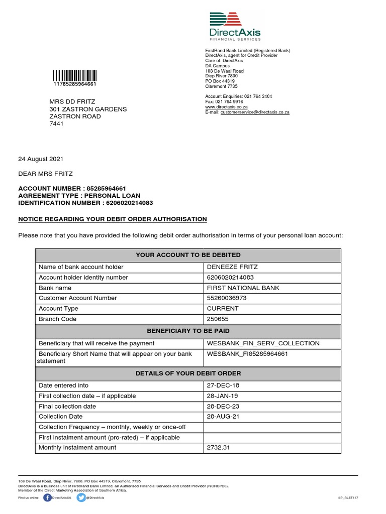 Debit Order Authorization Notice | PDF | Banks | Debit Card