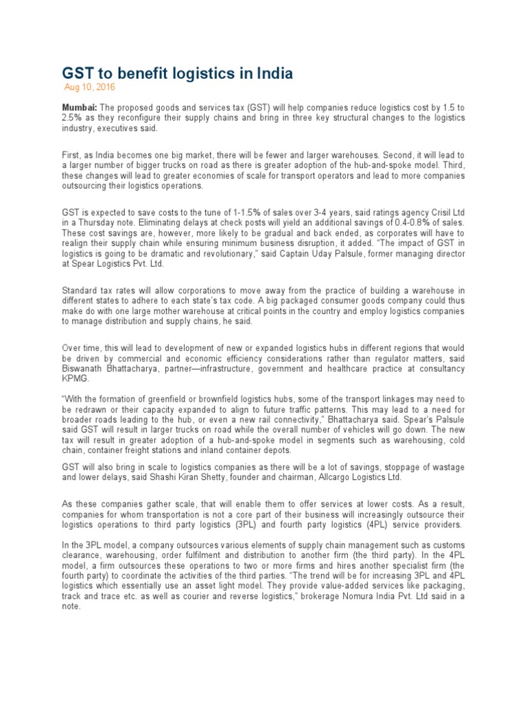 GST To Benefit Logistics in India | PDF | Logistics | Economies