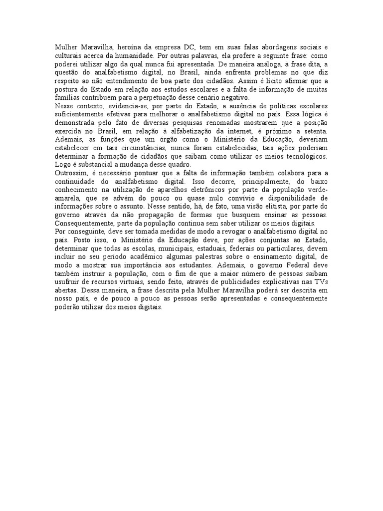 Redação Analfabetismo Digital Pdf Alfabetização Estado