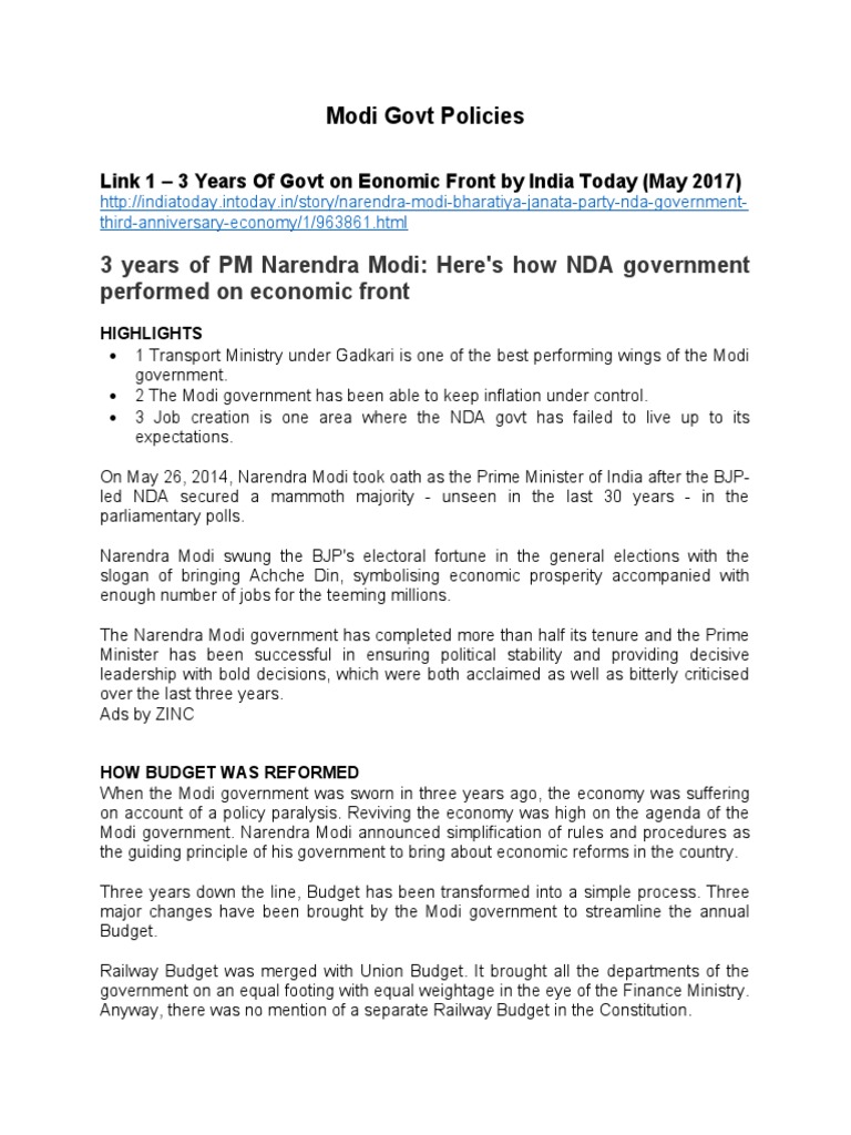 Modi Govt Policies | PDF | Narendra Modi | Indian Black Money