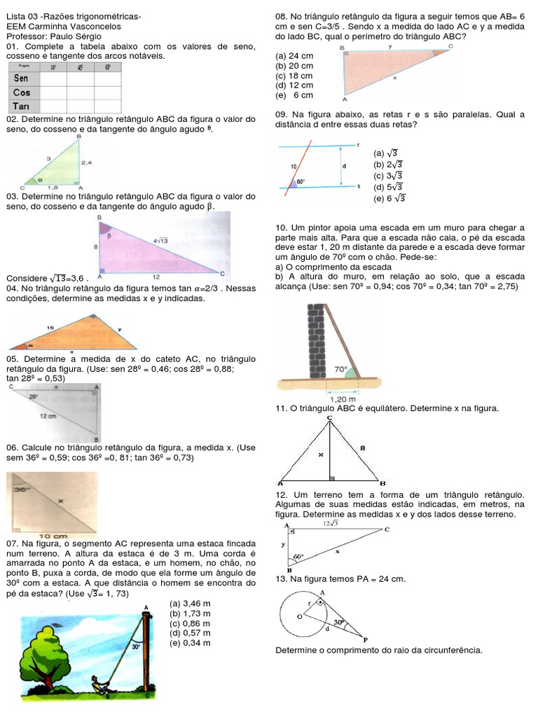 Lista 03 - Razões trigonométricas - Exercícios resolvidos sobre seno ...