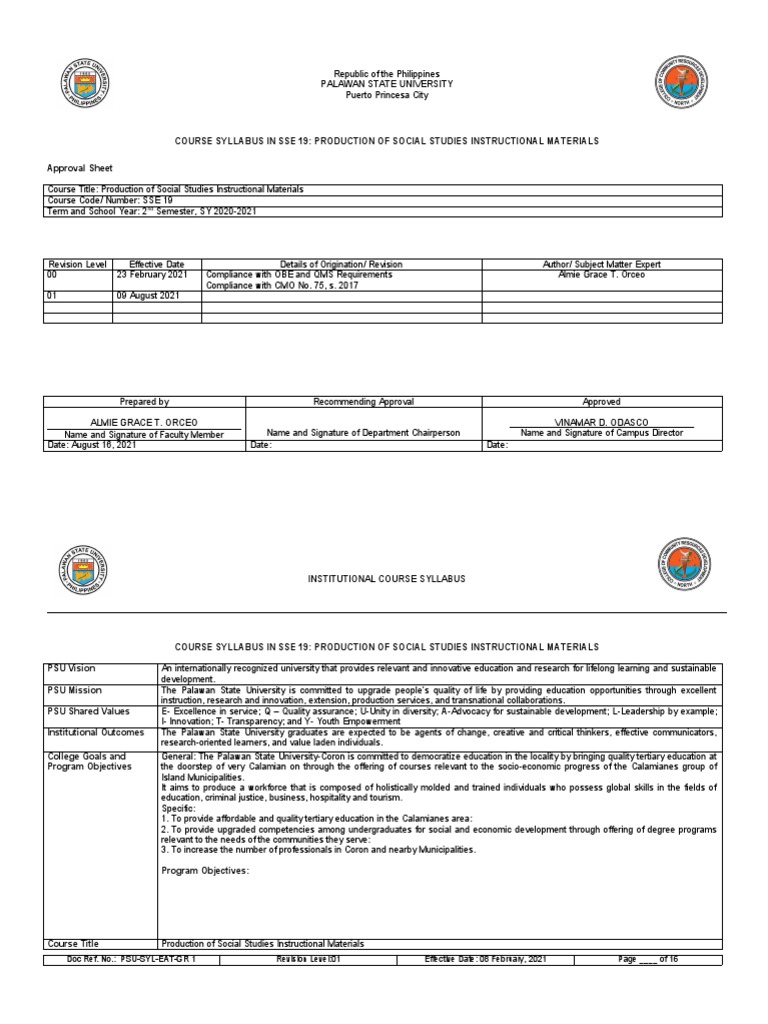 Course Syllabus in Sse 19 Production of Social Studies Instructional