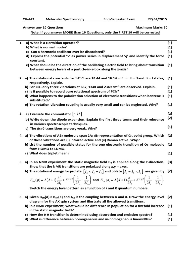 Molecular Spectroscopy Exam Questions | PDF | Nuclear Magnetic ...