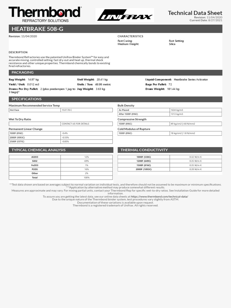 Heatbrake 508-G: Technical Data Sheet | PDF | Refractory 