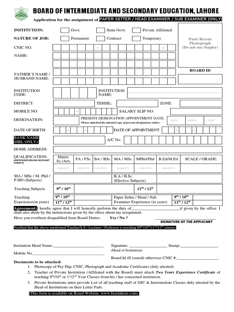 Application For The For The Assignment Of Paper Setter / Head Examiner